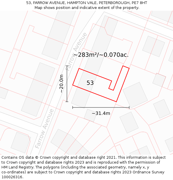 53, FARROW AVENUE, HAMPTON VALE, PETERBOROUGH, PE7 8HT: Plot and title map