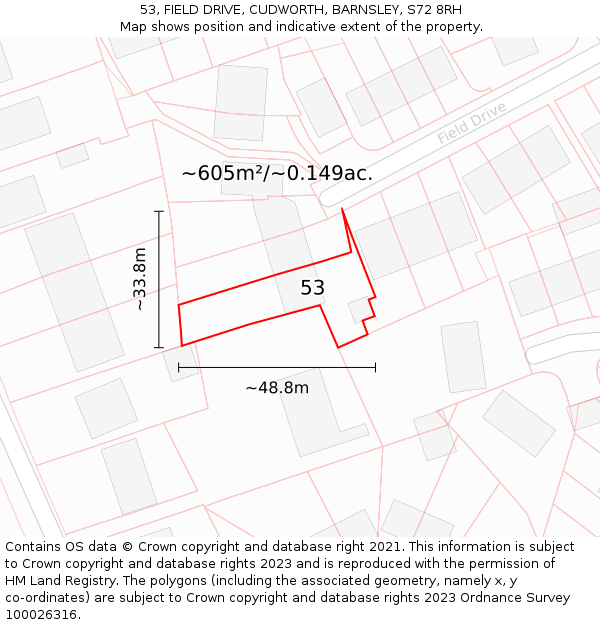 53, FIELD DRIVE, CUDWORTH, BARNSLEY, S72 8RH: Plot and title map