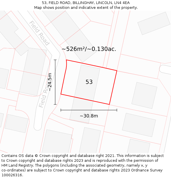 53, FIELD ROAD, BILLINGHAY, LINCOLN, LN4 4EA: Plot and title map