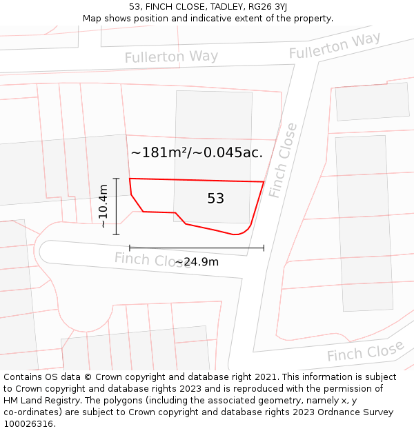 53, FINCH CLOSE, TADLEY, RG26 3YJ: Plot and title map
