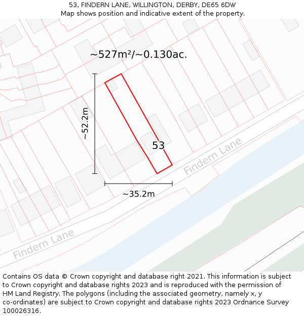 53, FINDERN LANE, WILLINGTON, DERBY, DE65 6DW: Plot and title map