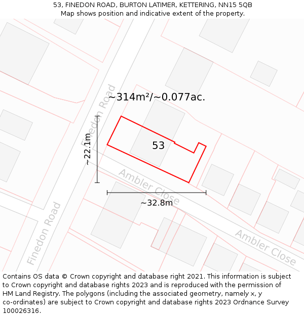 53, FINEDON ROAD, BURTON LATIMER, KETTERING, NN15 5QB: Plot and title map