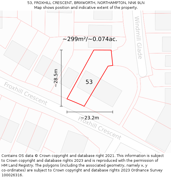 53, FROXHILL CRESCENT, BRIXWORTH, NORTHAMPTON, NN6 9LN: Plot and title map