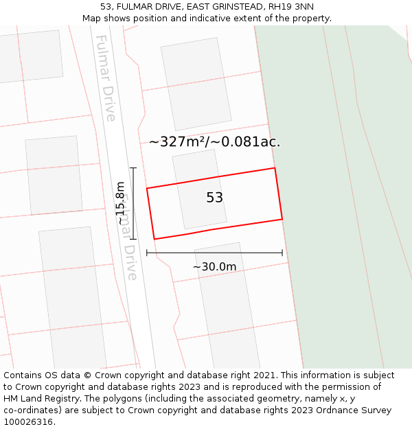 53, FULMAR DRIVE, EAST GRINSTEAD, RH19 3NN: Plot and title map