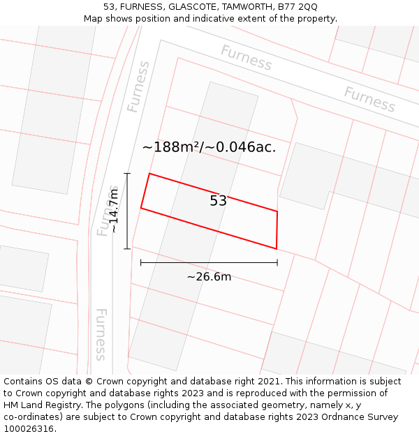 53, FURNESS, GLASCOTE, TAMWORTH, B77 2QQ: Plot and title map