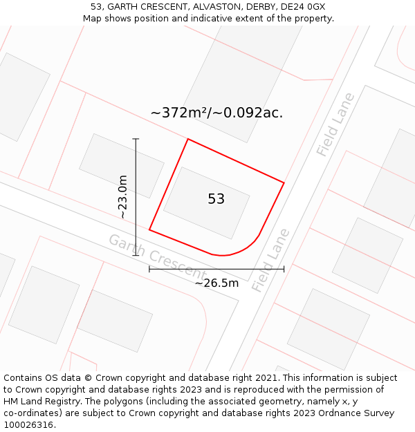 53, GARTH CRESCENT, ALVASTON, DERBY, DE24 0GX: Plot and title map