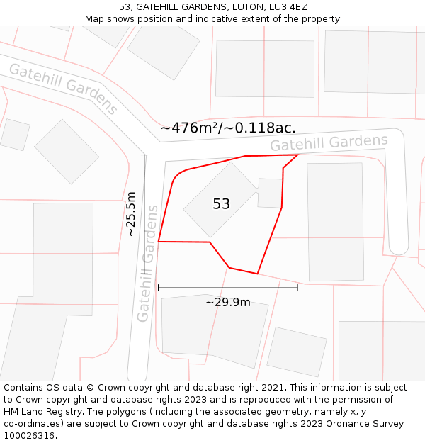 53, GATEHILL GARDENS, LUTON, LU3 4EZ: Plot and title map
