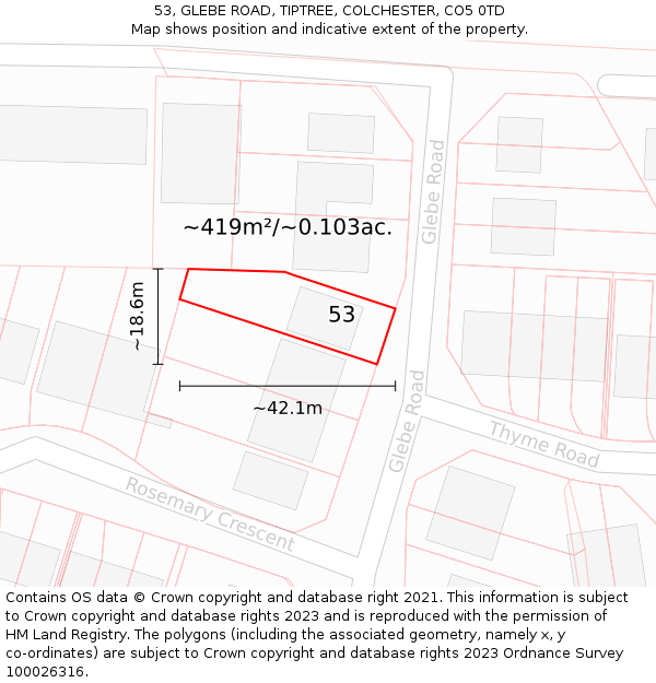 53, GLEBE ROAD, TIPTREE, COLCHESTER, CO5 0TD: Plot and title map
