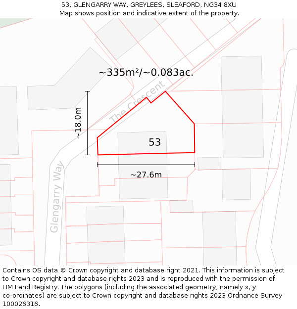 53, GLENGARRY WAY, GREYLEES, SLEAFORD, NG34 8XU: Plot and title map
