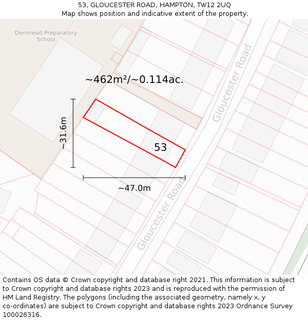 53, GLOUCESTER ROAD, HAMPTON, TW12 2UQ: Plot and title map
