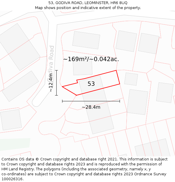 53, GODIVA ROAD, LEOMINSTER, HR6 8UQ: Plot and title map