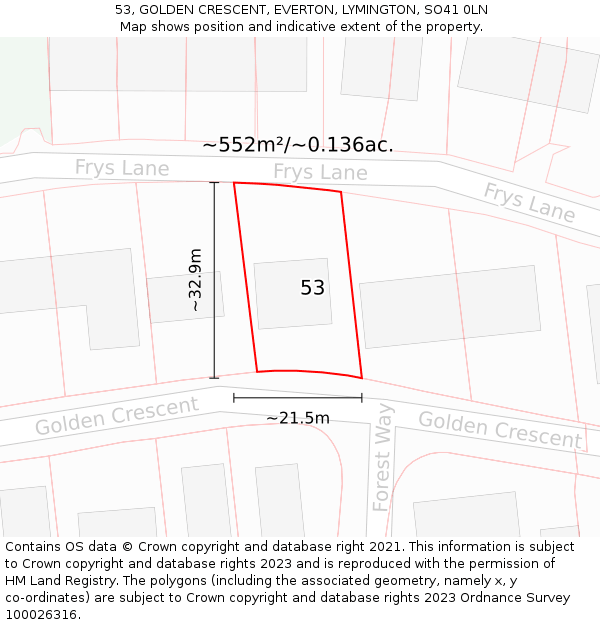53, GOLDEN CRESCENT, EVERTON, LYMINGTON, SO41 0LN: Plot and title map