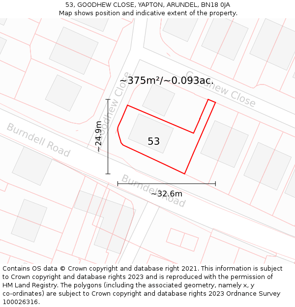 53, GOODHEW CLOSE, YAPTON, ARUNDEL, BN18 0JA: Plot and title map