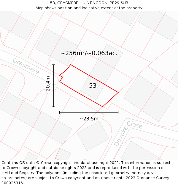 53, GRASMERE, HUNTINGDON, PE29 6UR: Plot and title map