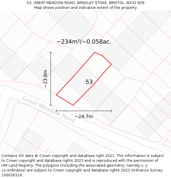 53, GREAT MEADOW ROAD, BRADLEY STOKE, BRISTOL, BS32 8DE: Plot and title map