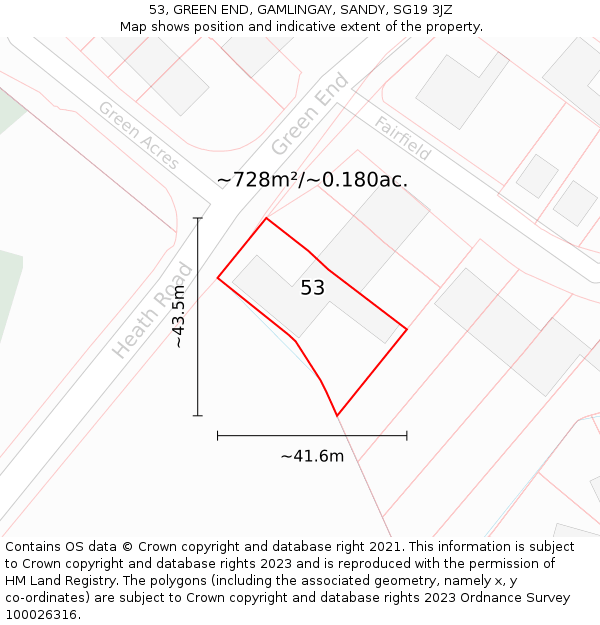 53, GREEN END, GAMLINGAY, SANDY, SG19 3JZ: Plot and title map