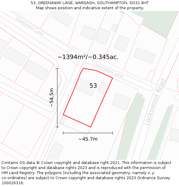 53, GREENAWAY LANE, WARSASH, SOUTHAMPTON, SO31 9HT: Plot and title map