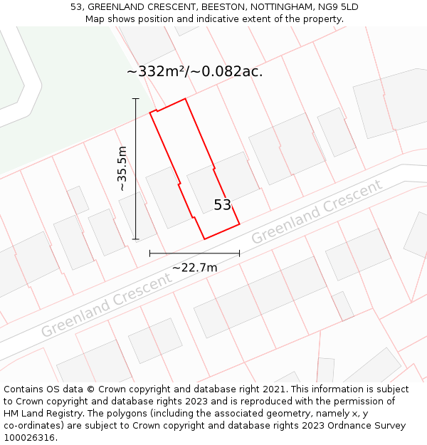 53, GREENLAND CRESCENT, BEESTON, NOTTINGHAM, NG9 5LD: Plot and title map