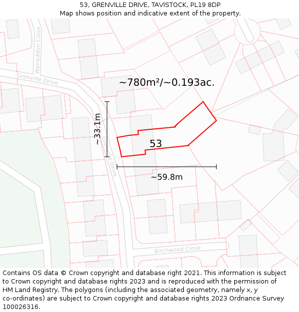53, GRENVILLE DRIVE, TAVISTOCK, PL19 8DP: Plot and title map