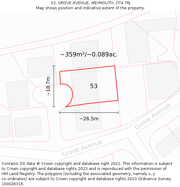 53, GROVE AVENUE, WEYMOUTH, DT4 7RJ: Plot and title map