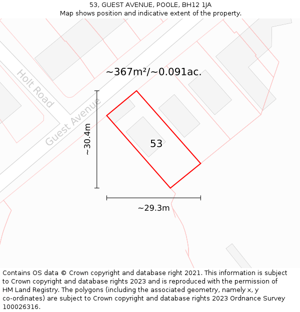 53, GUEST AVENUE, POOLE, BH12 1JA: Plot and title map