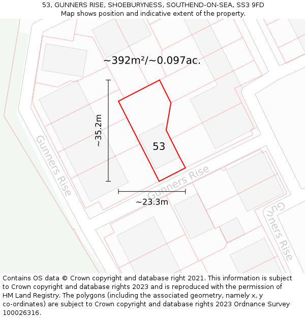 53, GUNNERS RISE, SHOEBURYNESS, SOUTHEND-ON-SEA, SS3 9FD: Plot and title map