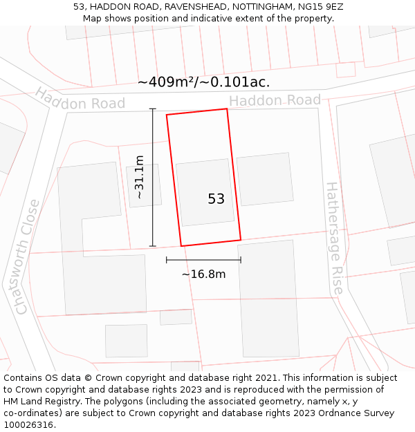 53, HADDON ROAD, RAVENSHEAD, NOTTINGHAM, NG15 9EZ: Plot and title map