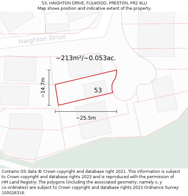 53, HAIGHTON DRIVE, FULWOOD, PRESTON, PR2 9LU: Plot and title map