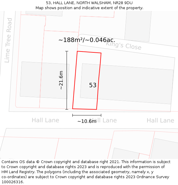 53, HALL LANE, NORTH WALSHAM, NR28 9DU: Plot and title map