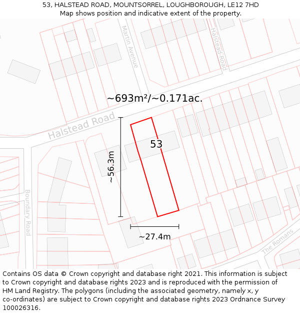 53, HALSTEAD ROAD, MOUNTSORREL, LOUGHBOROUGH, LE12 7HD: Plot and title map