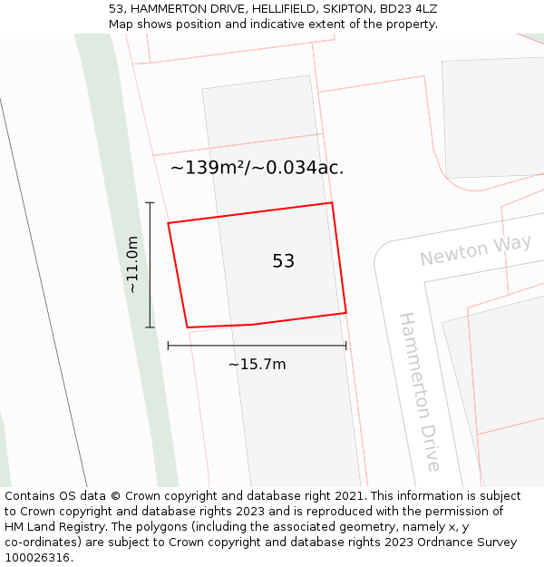 53, HAMMERTON DRIVE, HELLIFIELD, SKIPTON, BD23 4LZ: Plot and title map