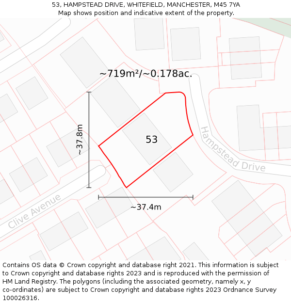 53, HAMPSTEAD DRIVE, WHITEFIELD, MANCHESTER, M45 7YA: Plot and title map