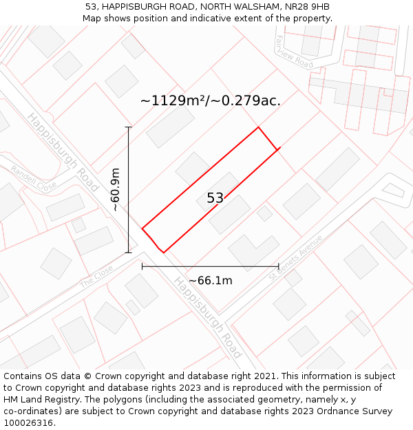 53, HAPPISBURGH ROAD, NORTH WALSHAM, NR28 9HB: Plot and title map