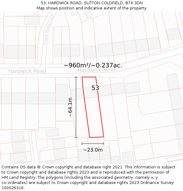 53, HARDWICK ROAD, SUTTON COLDFIELD, B74 3DN: Plot and title map