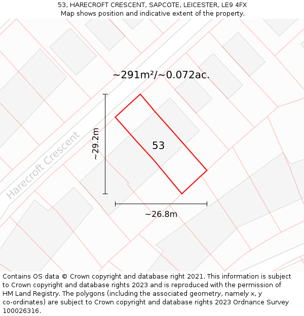 53, HARECROFT CRESCENT, SAPCOTE, LEICESTER, LE9 4FX: Plot and title map