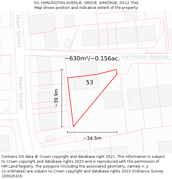 53, HARLINGTON AVENUE, GROVE, WANTAGE, OX12 7NQ: Plot and title map
