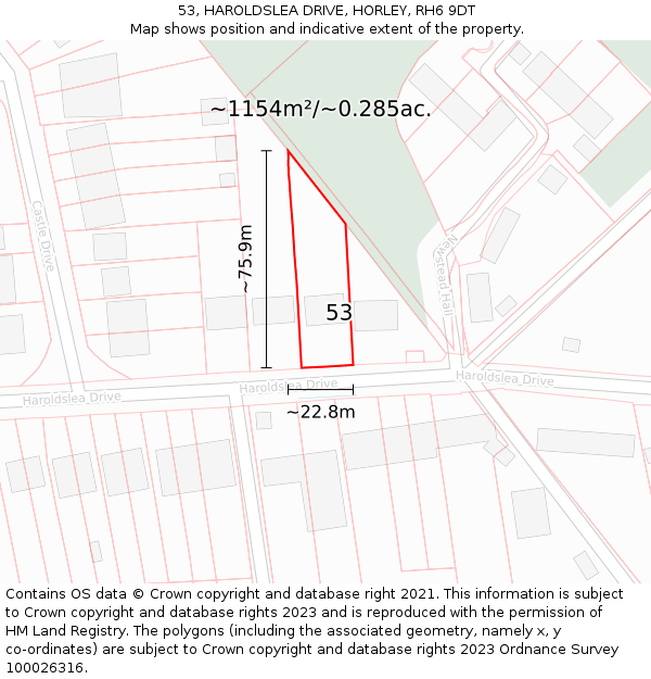 53, HAROLDSLEA DRIVE, HORLEY, RH6 9DT: Plot and title map