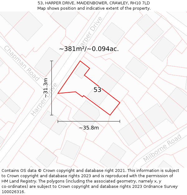 53, HARPER DRIVE, MAIDENBOWER, CRAWLEY, RH10 7LD: Plot and title map