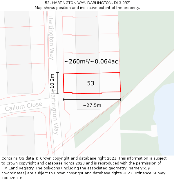 53, HARTINGTON WAY, DARLINGTON, DL3 0RZ: Plot and title map