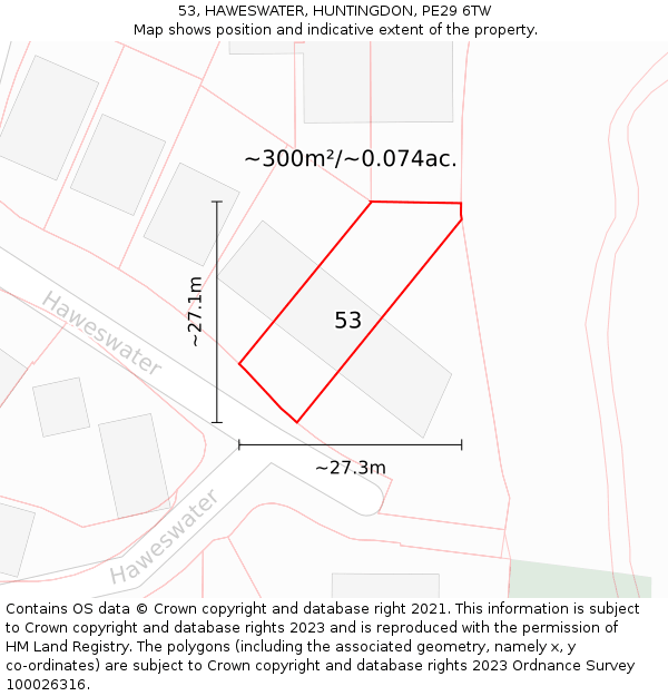 53, HAWESWATER, HUNTINGDON, PE29 6TW: Plot and title map