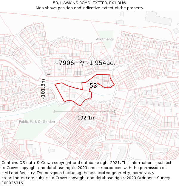 53, HAWKINS ROAD, EXETER, EX1 3UW: Plot and title map