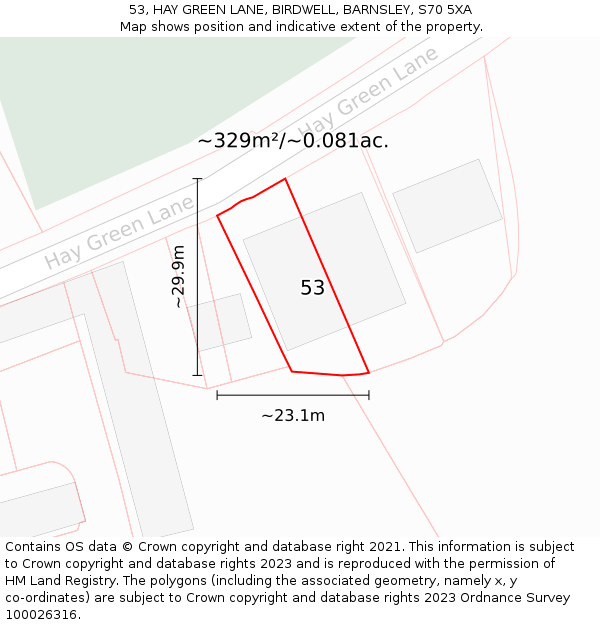 53, HAY GREEN LANE, BIRDWELL, BARNSLEY, S70 5XA: Plot and title map