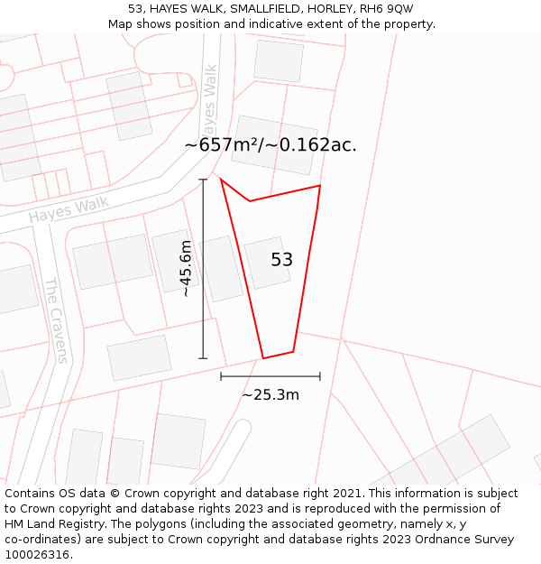 53, HAYES WALK, SMALLFIELD, HORLEY, RH6 9QW: Plot and title map