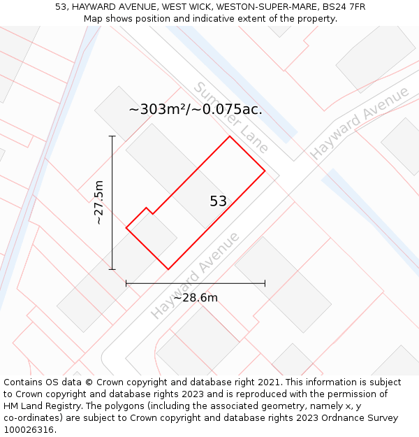 53, HAYWARD AVENUE, WEST WICK, WESTON-SUPER-MARE, BS24 7FR: Plot and title map