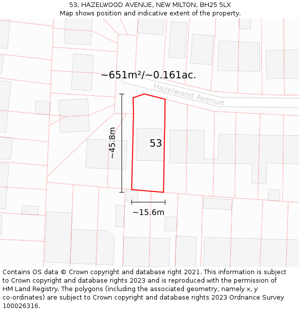 53, HAZELWOOD AVENUE, NEW MILTON, BH25 5LX: Plot and title map