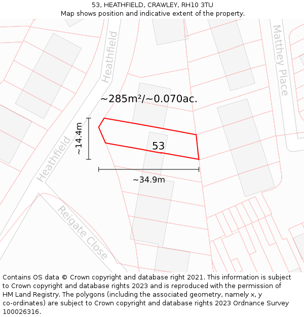 53, HEATHFIELD, CRAWLEY, RH10 3TU: Plot and title map