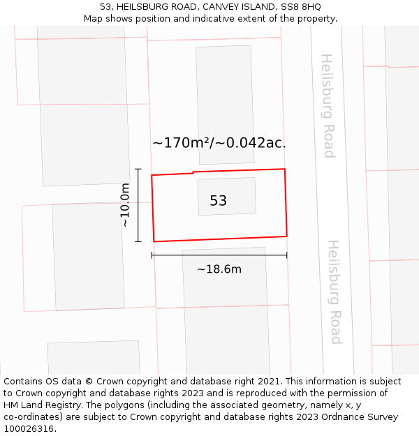 53, HEILSBURG ROAD, CANVEY ISLAND, SS8 8HQ: Plot and title map