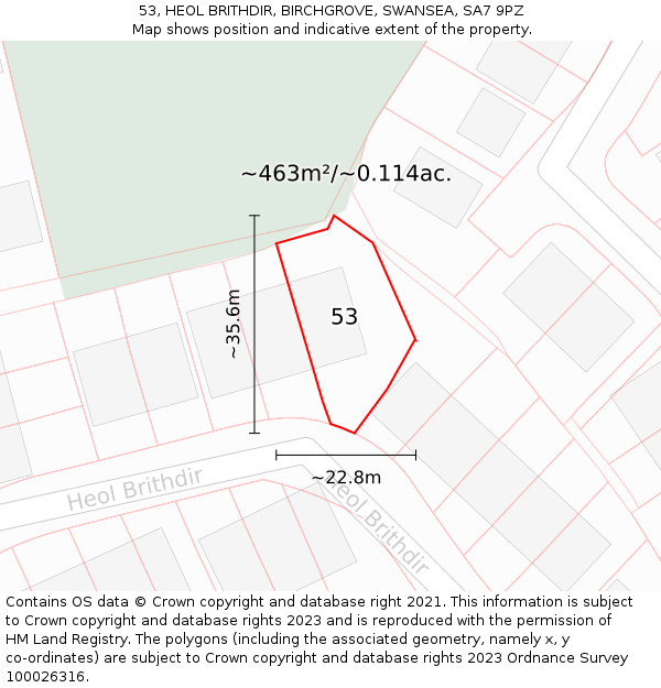 53, HEOL BRITHDIR, BIRCHGROVE, SWANSEA, SA7 9PZ: Plot and title map
