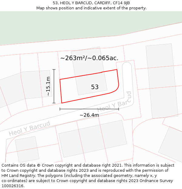 53, HEOL Y BARCUD, CARDIFF, CF14 9JB: Plot and title map