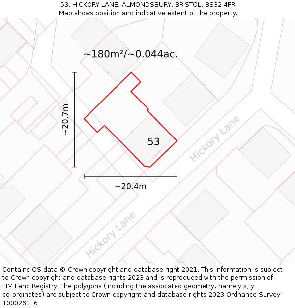 53, HICKORY LANE, ALMONDSBURY, BRISTOL, BS32 4FR: Plot and title map